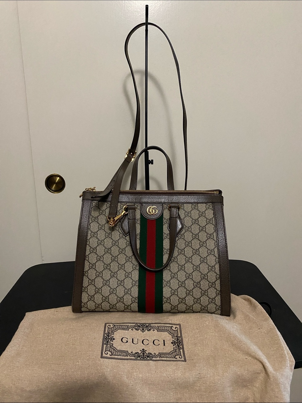 Gucci Brown GG Supreme Ophidia Medium Canvas Tote with Green-Red Web Stripe